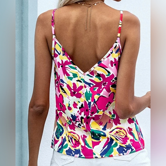 SheIn Multicolor V Neckline Sleeveless Floral Knit Camisole Tank Top Size L - Picture 4 of 9